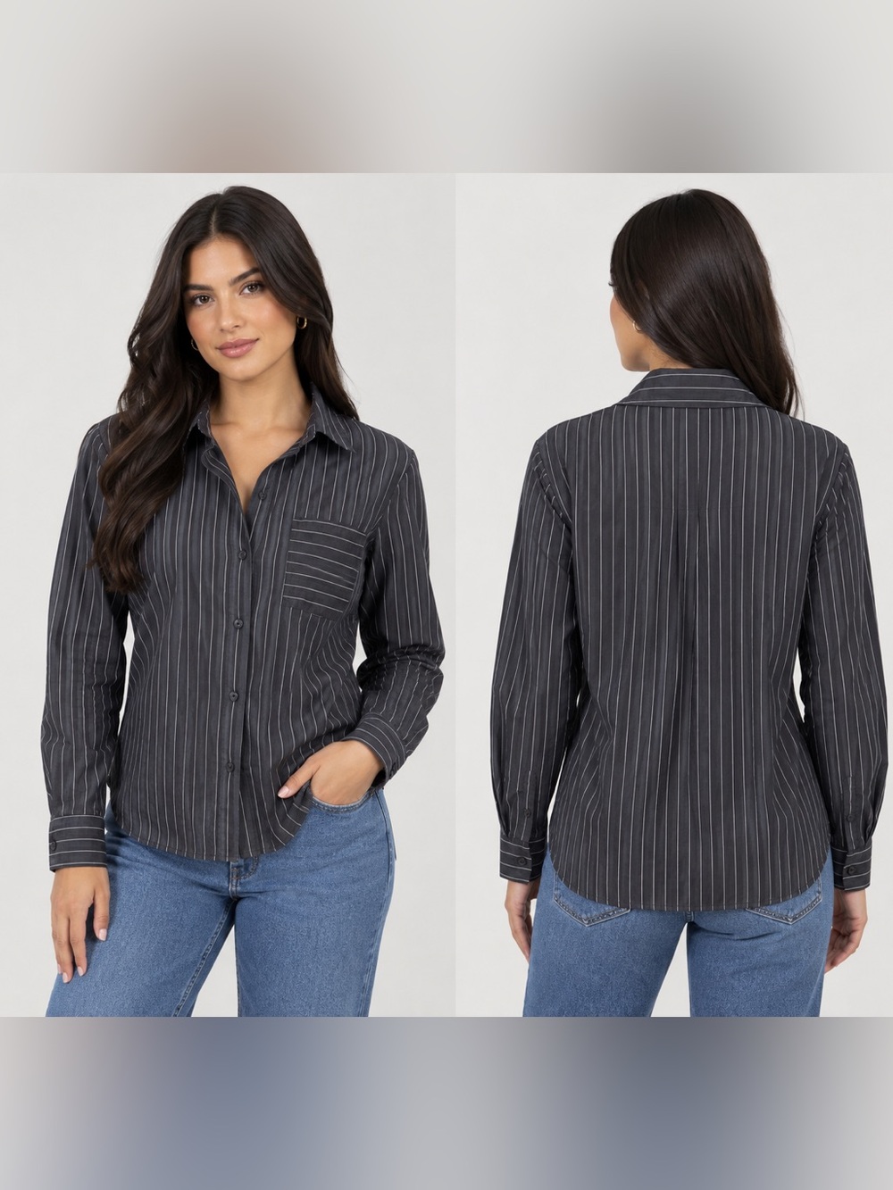 Women’s Black Pinstripe Button-Down Blouse